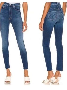 MOTHER Rail Ankle Fray High Waisted Dark Blue Skinny Jeans - high fidelity